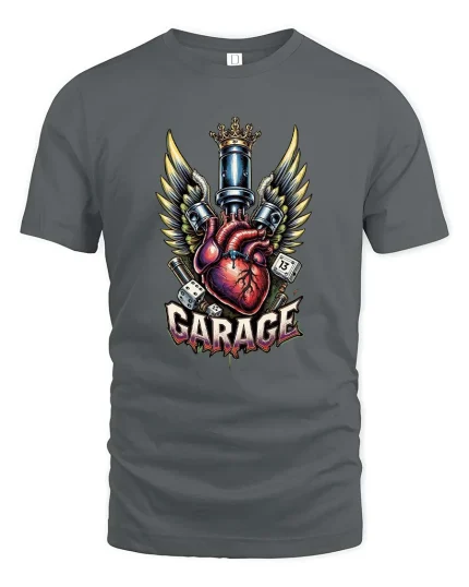 Garage Heart Engine Wings Graphic T Shirt Mechanic Rebel Art - gray t-shirt on white background
