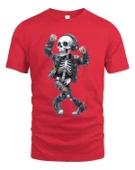 Dancing Skeleton DJ Graphic T Shirt Headphones Street Art - red t-shirt on white background