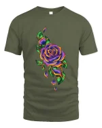Colorful Rose Floral Graphic T Shirt Psychedelic Flower Art - military green t-shirt on white background
