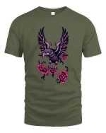 Gothic Eagle Rose Graphic Tee Dark Floral Bird Artwork - military green t-shirt on white background