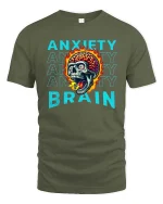Anxiety Brain Skull Graphic T Shirt Mental Chaos Art - military green t-shirt on white background