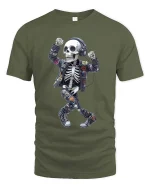 Dancing Skeleton DJ Graphic T Shirt Headphones Street Art - military green t-shirt on white background