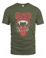 Silenced Screaming Mouth Graphic T Shirt Dark Rebel Style Art - military green t-shirt on white background