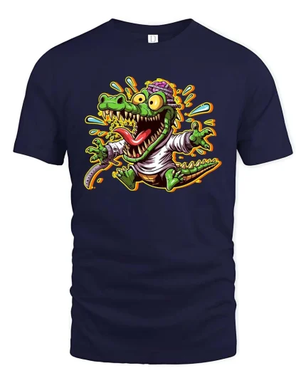 Wild Cartoon Crocodile Graphic T Shirt Funny Animal Style - navy t-shirt on white background