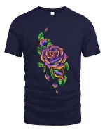 Colorful Rose Floral Graphic T Shirt Psychedelic Flower Art - navy t-shirt on white background