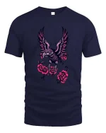 Gothic Eagle Rose Graphic Tee Dark Floral Bird Artwork - navy t-shirt on white background