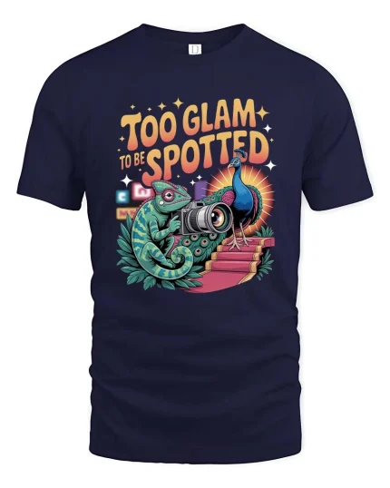 Too Glam To Be Spotted Funny Peacock Camera Graphic Tee - navy t-shirt on white background