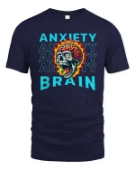 Anxiety Brain Skull Graphic T Shirt Mental Chaos Art - navy t-shirt on white background