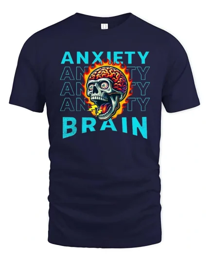 Anxiety Brain Skull Graphic T Shirt Mental Chaos Art - navy t-shirt on white background