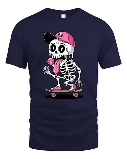 Funny Skeleton Skateboard Graphic Tee Street Cartoon - navy t-shirt on white background