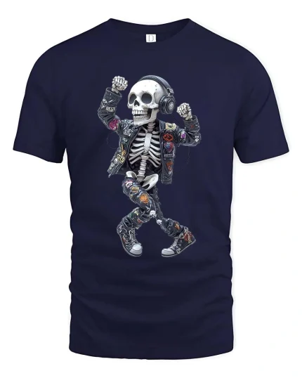 Dancing Skeleton DJ Graphic T Shirt Headphones Street Art - navy t-shirt on white background