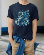 Blue Eastern Dragon Power Graphic T Shirt Mythic Beast Art - model wearing navy tee with hands in pockets
