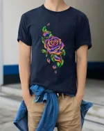 Colorful Rose Floral Graphic T Shirt Psychedelic Flower Art - model wearing navy tee with hands in pockets