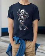Dancing Skeleton DJ Graphic T Shirt Headphones Street Art - model wearing navy tee with hands in pockets