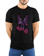 Gothic Eagle Rose Graphic Tee Dark Floral Bird Artwork - model wearing black tee with hands behind back