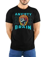 Anxiety Brain Skull Graphic T Shirt Mental Chaos Art - model wearing black tee with hands behind back