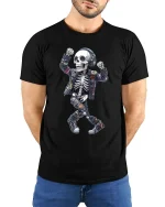 Dancing Skeleton DJ Graphic T Shirt Headphones Street Art - model wearing black tee with hands behind back