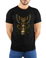 Owl Guardian of Time Skull Hourglass Graphic T Shirt Gothic - model wearing black tee with hands behind back