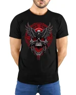 Dark Raven Skull Graphic T Shirt Gothic Horror Demon Art - model wearing black tee with hands behind back