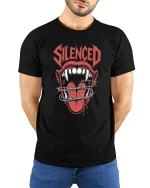 Silenced Screaming Mouth Graphic T Shirt Dark Rebel Style Art - model wearing black tee with hands behind back
