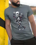 Dancing Skeleton DJ Graphic T Shirt Headphones Street Art - model wearing grey tee, leaning on column