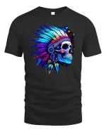 Psychedelic Neon Skull Native Headdress Graphic T Shirt - black t-shirt on white background