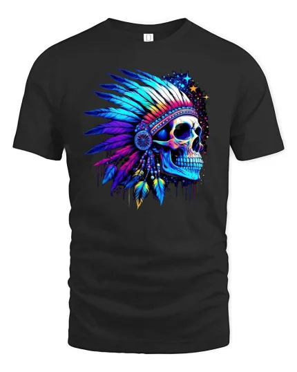 Psychedelic Neon Skull Native Headdress Graphic T Shirt - black t-shirt on white background