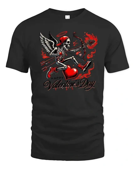 Funny Skeleton Cupid Happy Valentines Day Graphic T Shirt - black t-shirt on white background