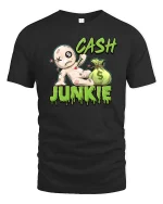 Funny Cash Junkie Money Voodoo Doll Cartoon Graphic T Shirt - black t-shirt on white background