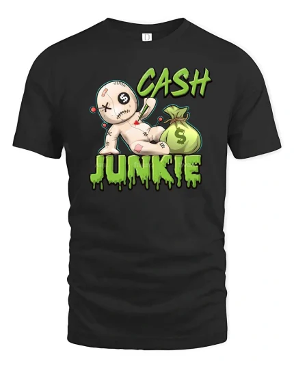 Funny Cash Junkie Money Voodoo Doll Cartoon Graphic T Shirt - black t-shirt on white background