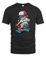 Cool Skateboarding Kid Cartoon Street Style Graphic T Shirt - black t-shirt on white background