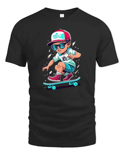 Cool Skateboarding Kid Cartoon Street Style Graphic T Shirt - black t-shirt on white background