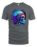 Psychedelic Neon Skull Native Headdress Graphic T Shirt - gray t-shirt on white background