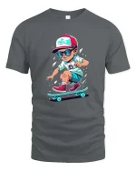Cool Skateboarding Kid Cartoon Street Style Graphic T Shirt - gray t-shirt on white background