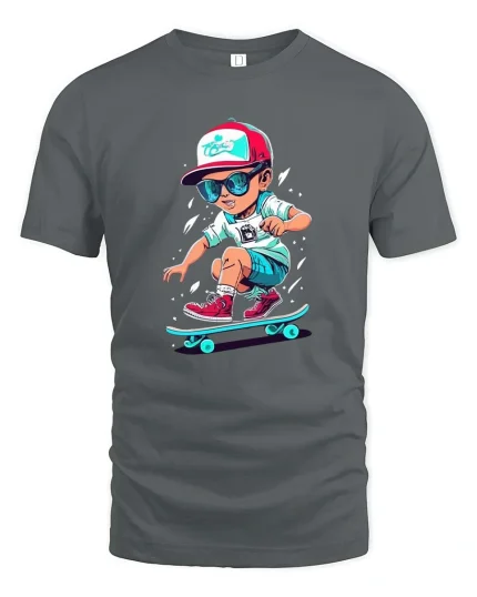 Cool Skateboarding Kid Cartoon Street Style Graphic T Shirt - gray t-shirt on white background