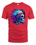 Psychedelic Neon Skull Native Headdress Graphic T Shirt - red t-shirt on white background