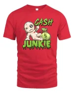 Funny Cash Junkie Money Voodoo Doll Cartoon Graphic T Shirt - red t-shirt on white background