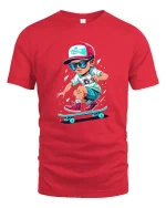 Cool Skateboarding Kid Cartoon Street Style Graphic T Shirt - red t-shirt on white background