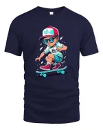 Cool Skateboarding Kid Cartoon Street Style Graphic T Shirt - navy t-shirt on white background