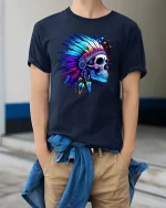 Psychedelic Neon Skull Native Headdress Graphic T Shirt - model wearing navy tee with hands in pockets