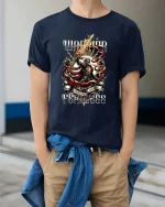 Archangel Rising Wings Of Fire Dark Fantasy Graphic T Shirt - model wearing navy tee with hands in pockets