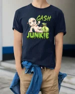 Funny Cash Junkie Money Voodoo Doll Cartoon Graphic T Shirt - model wearing navy tee with hands in pockets