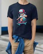 Cool Skateboarding Kid Cartoon Street Style Graphic T Shirt - model wearing navy tee with hands in pockets