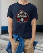 Tough Bulldog Street Gangster Cartoon Graphic T Shirt - model wearing navy tee with hands in pockets