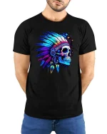 Psychedelic Neon Skull Native Headdress Graphic T Shirt - model wearing black tee with hands behind back