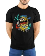 Psychedelic Skull Snail Dark Surreal Graphic T Shirt - model wearing black tee with hands behind back