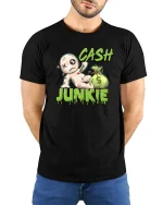 Funny Cash Junkie Money Voodoo Doll Cartoon Graphic T Shirt - model wearing black tee with hands behind back