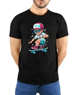 Cool Skateboarding Kid Cartoon Street Style Graphic T Shirt - model wearing black tee with hands behind back