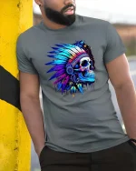 Psychedelic Neon Skull Native Headdress Graphic T Shirt - model wearing grey tee, leaning on column