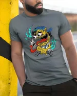 Psychedelic Skull Snail Dark Surreal Graphic T Shirt - model wearing grey tee, leaning on column